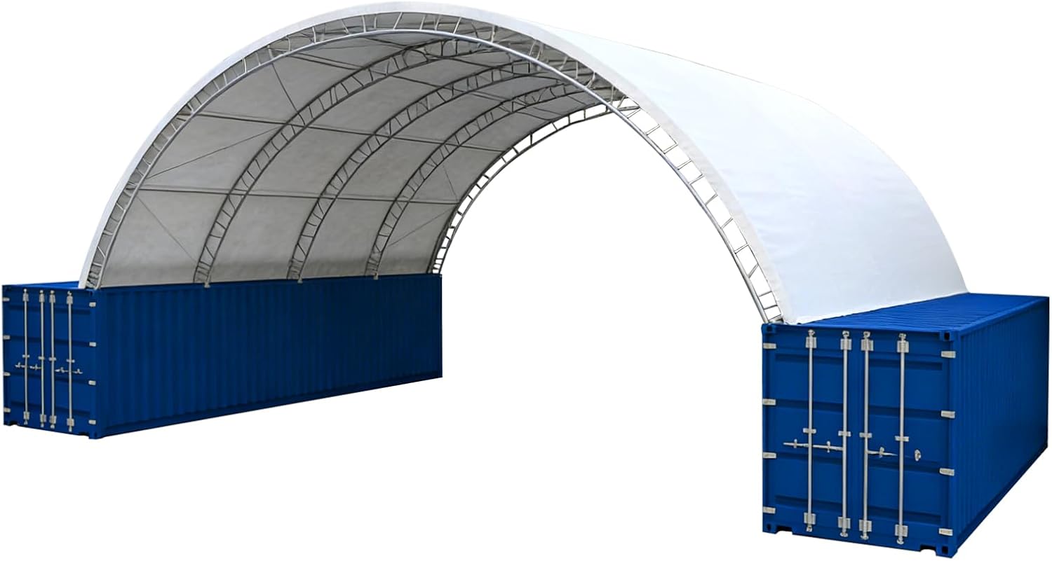 KoreJetMetal 40x40x14.5FT shipping container canopy review showing heavy duty steel trusses and white PVC fabric cover