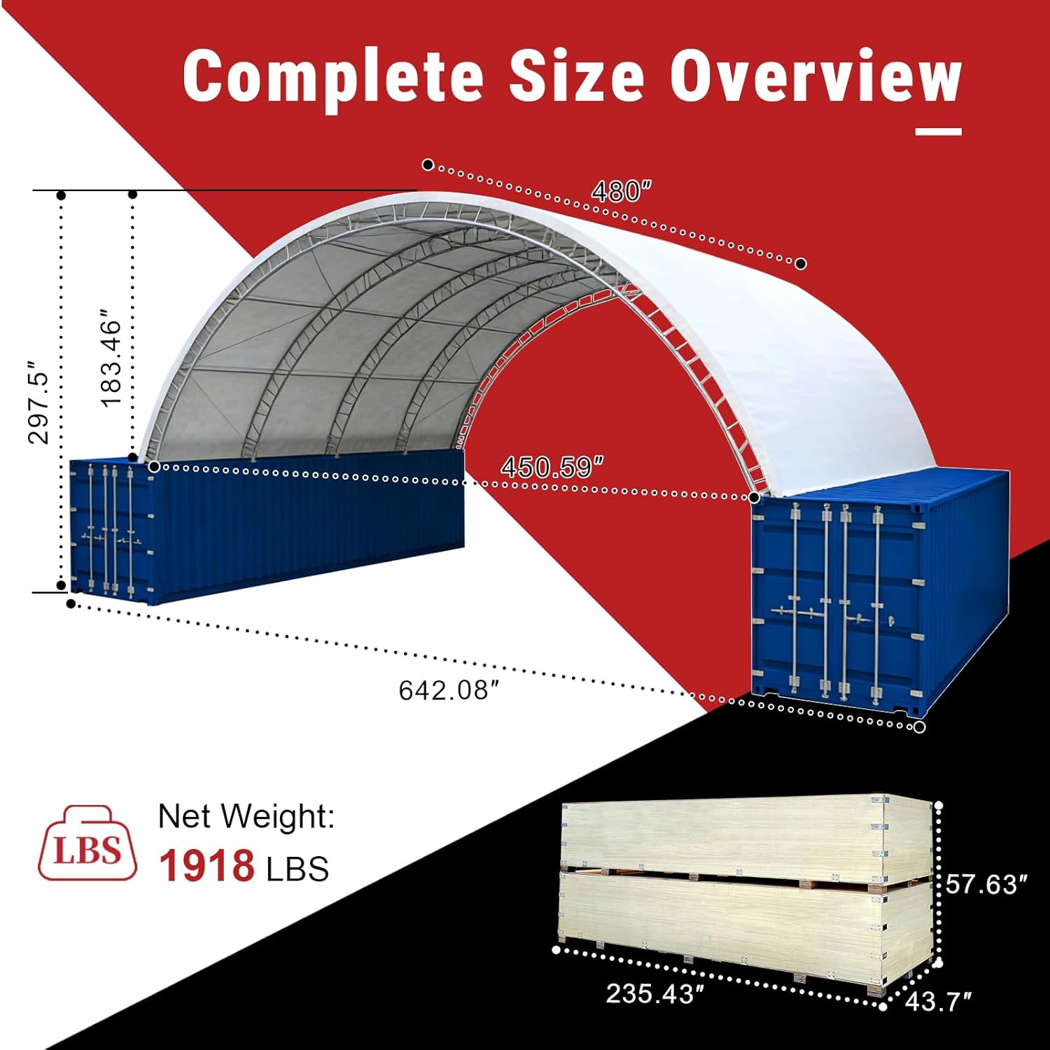 KoreJetMetal 40x40x14.5FT shipping container canopy review unboxing with steel tubes, tarp, and hardware shown laid out