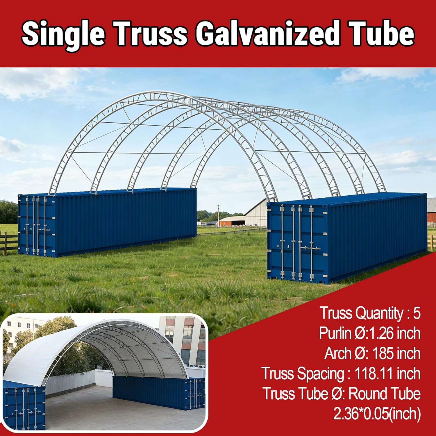 Step-by-step guide for KoreJetMetal container shelter review showing assembly process with two people lifting a truss