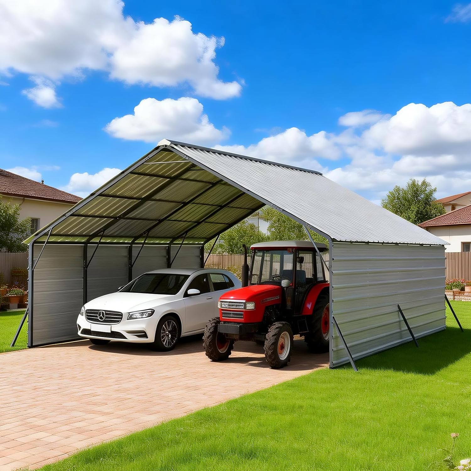 FLOUREE 20x20 Metal Carport Review: Honest Verdict 1 FLOUREE 20x20 metal carport review unboxing — what comes in the box, showing stacked steel panels and hardware