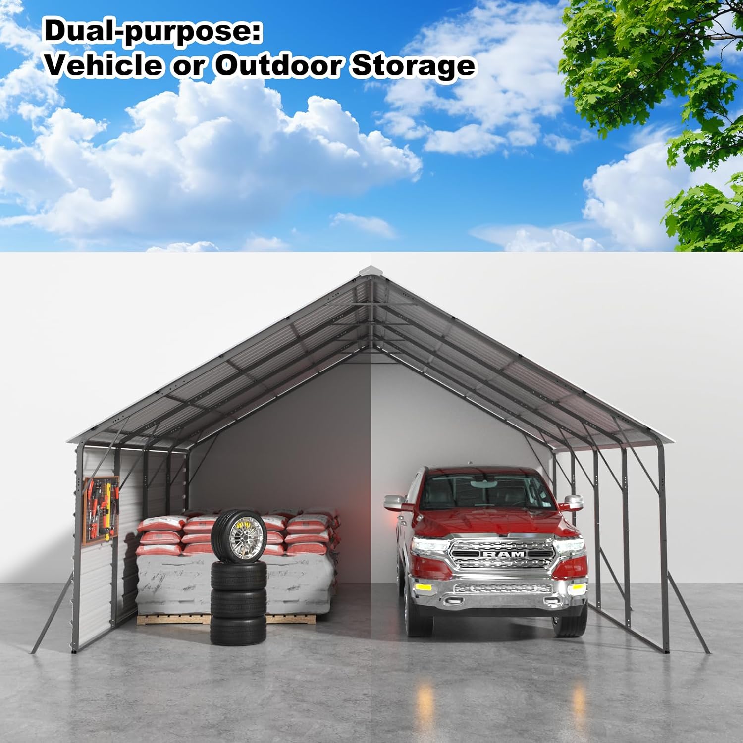 FLOUREE 20x20 Metal Carport Review: Honest Verdict 3 Setting up the FLOUREE 20x20 metal carport review — two people assembling frame