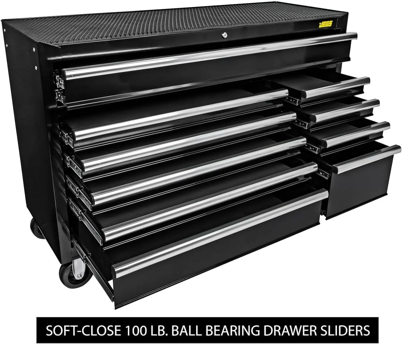 JEGS 81475 rolling tool cabinet review features in daily use showing drawer layout and cushioned top mat